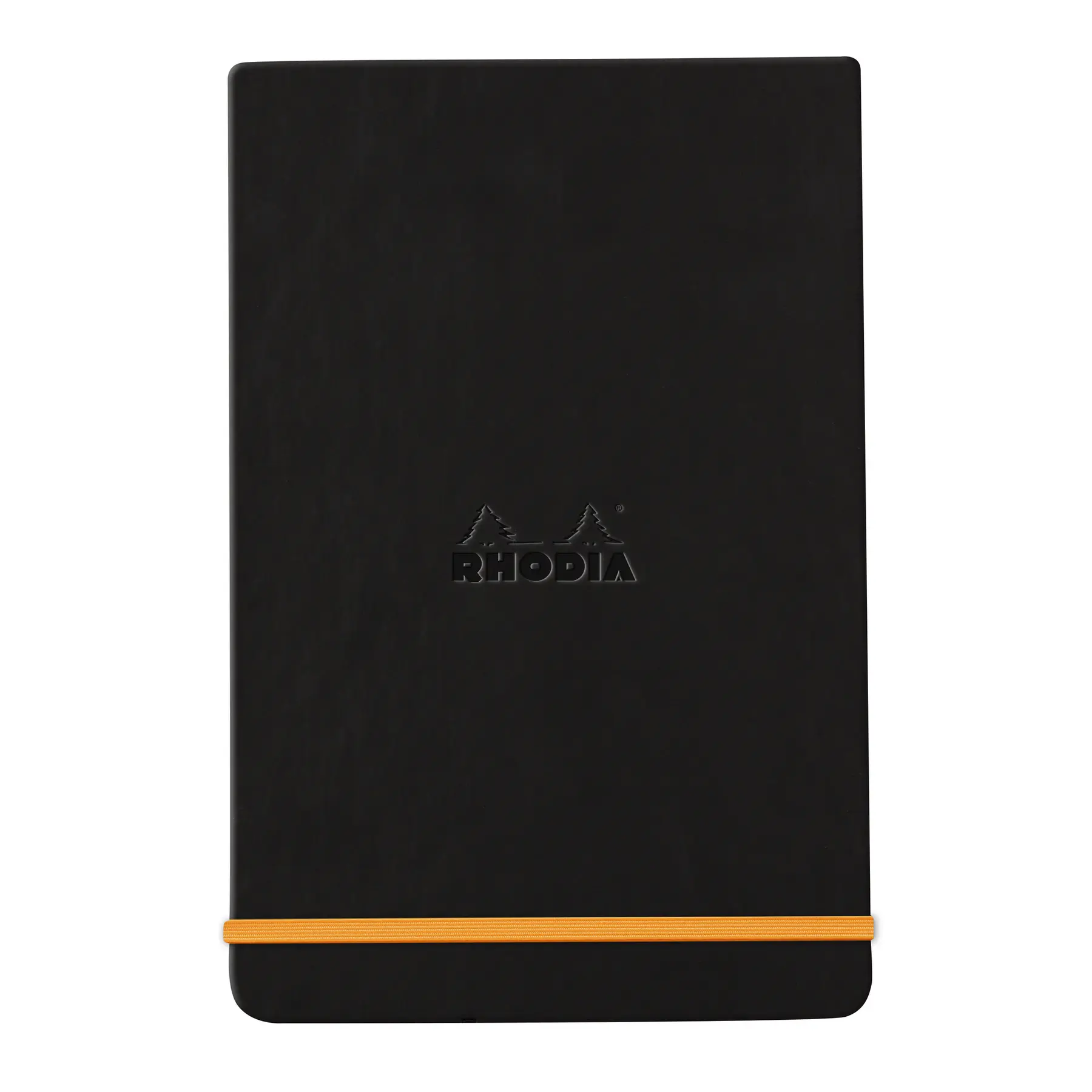 Fester, umlaufend gebundener Notizblock, 192 Seiten, liniert, mikroperforiertes, cremefarbenes Papier, mit Gummibandverschluss. Rhodia