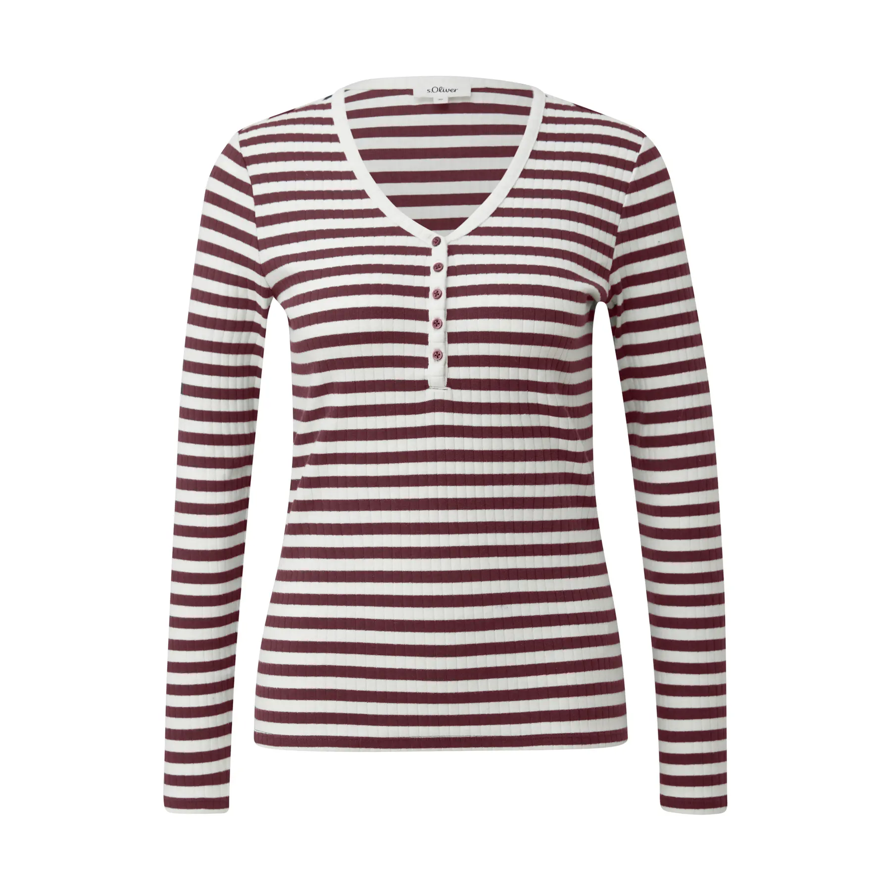 Gestreiftes Ripp T-Shirt mit Henley-Kragen für Damen s.Oliver