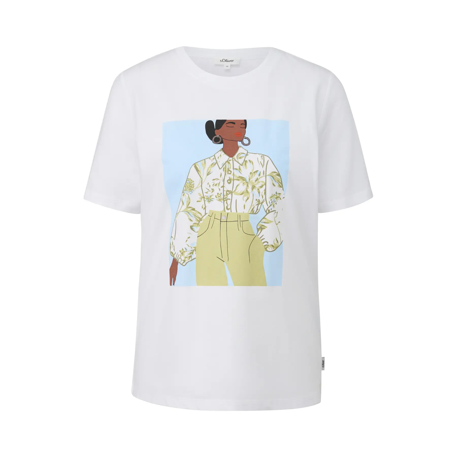 Damen T-Shirt aus weichem Baumwollmaterial mit Frontdruck und Logo-Patch s.Oliver