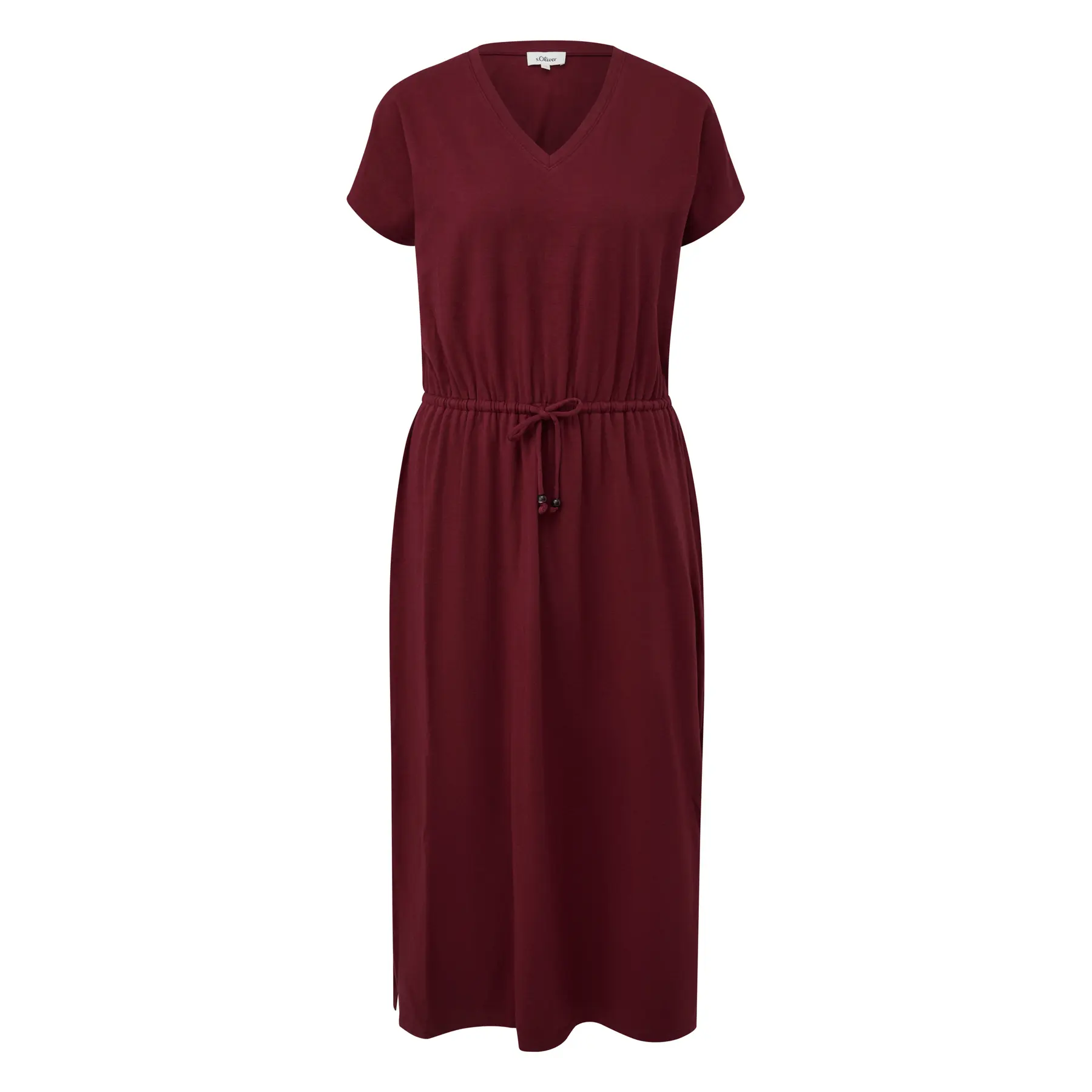 Robe midi aus Baumwollmischung mit Kordelzug und Paspeliertem V-Ausschnitt, lockere Passform, Granat, Damen s.Oliver