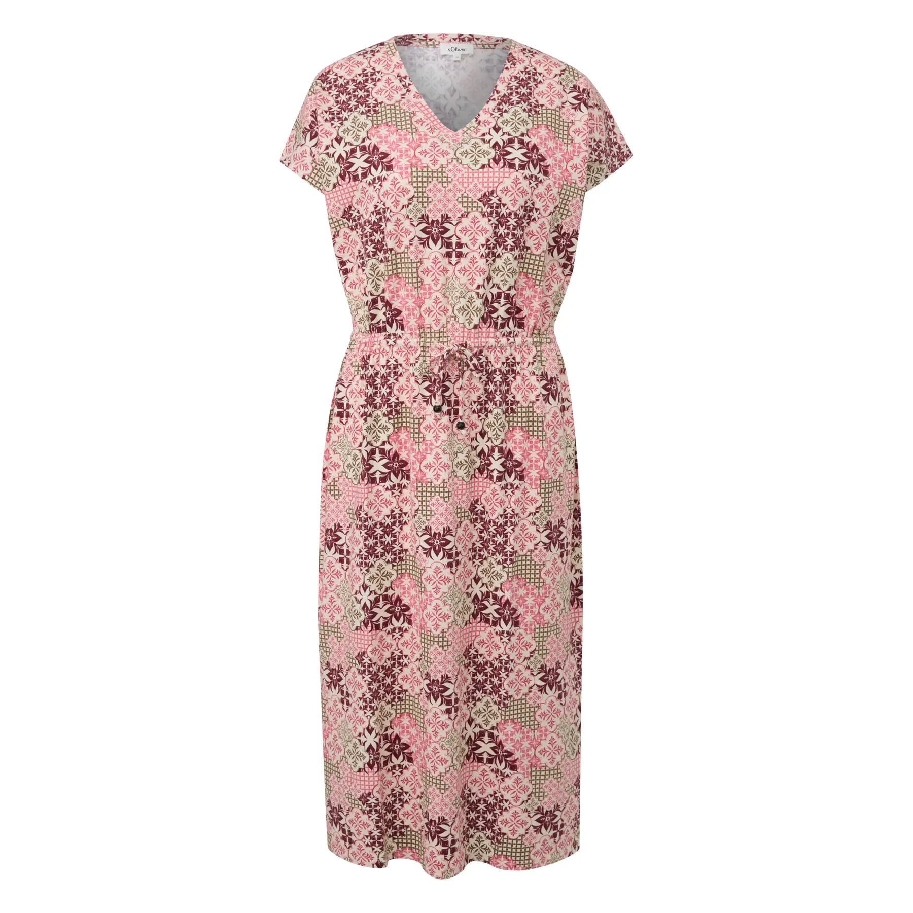 Robe midi aus Baumwollmischung mit Kordelzug und Paspeliertem V-Ausschnitt, lockere Passform, Granat, Damen s.Oliver