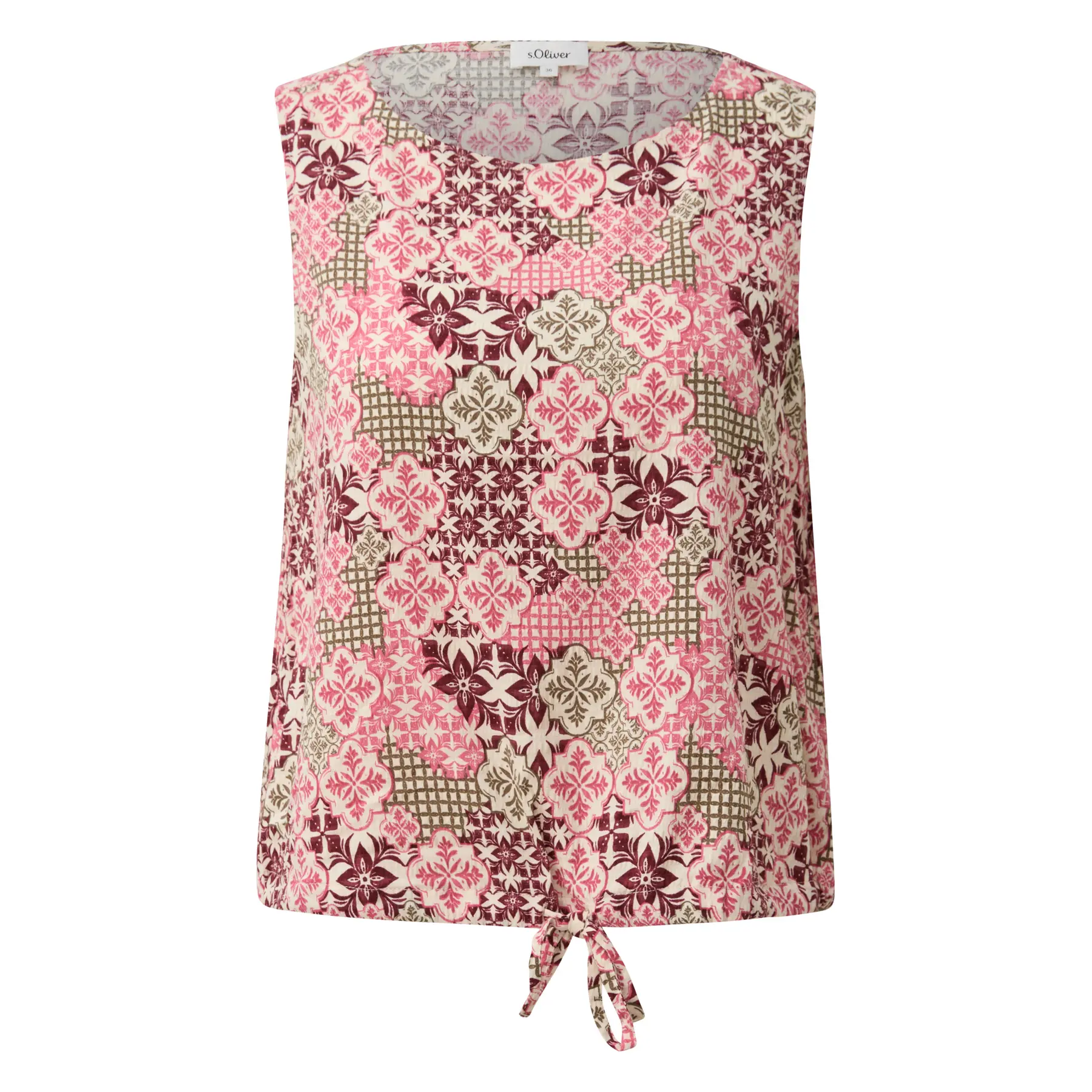 Ärmellose Bluse aus gemischter Viskose mit ganzflächigem Druck und Kordelzug, Rundhalsausschnitt, gerade geschnitten, Granat, Damen s.Oliver