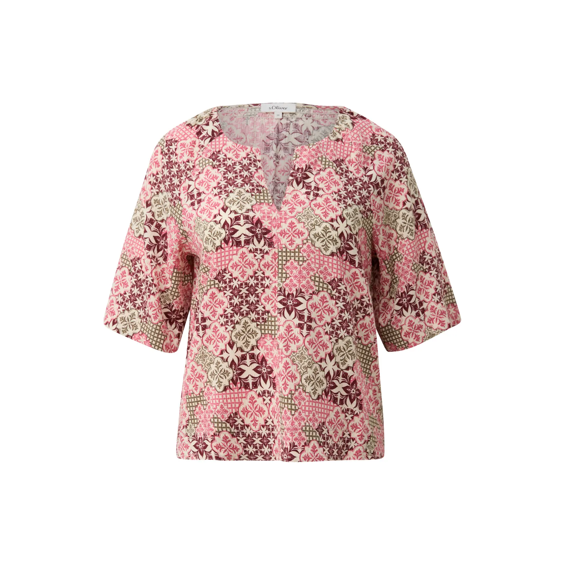 Gepolsterte Bluse aus Viskose-Mischung mit Rüschen und Smocks, Rundhalsausschnitt, Weite Passform, Granatrot, Damen s.Oliver