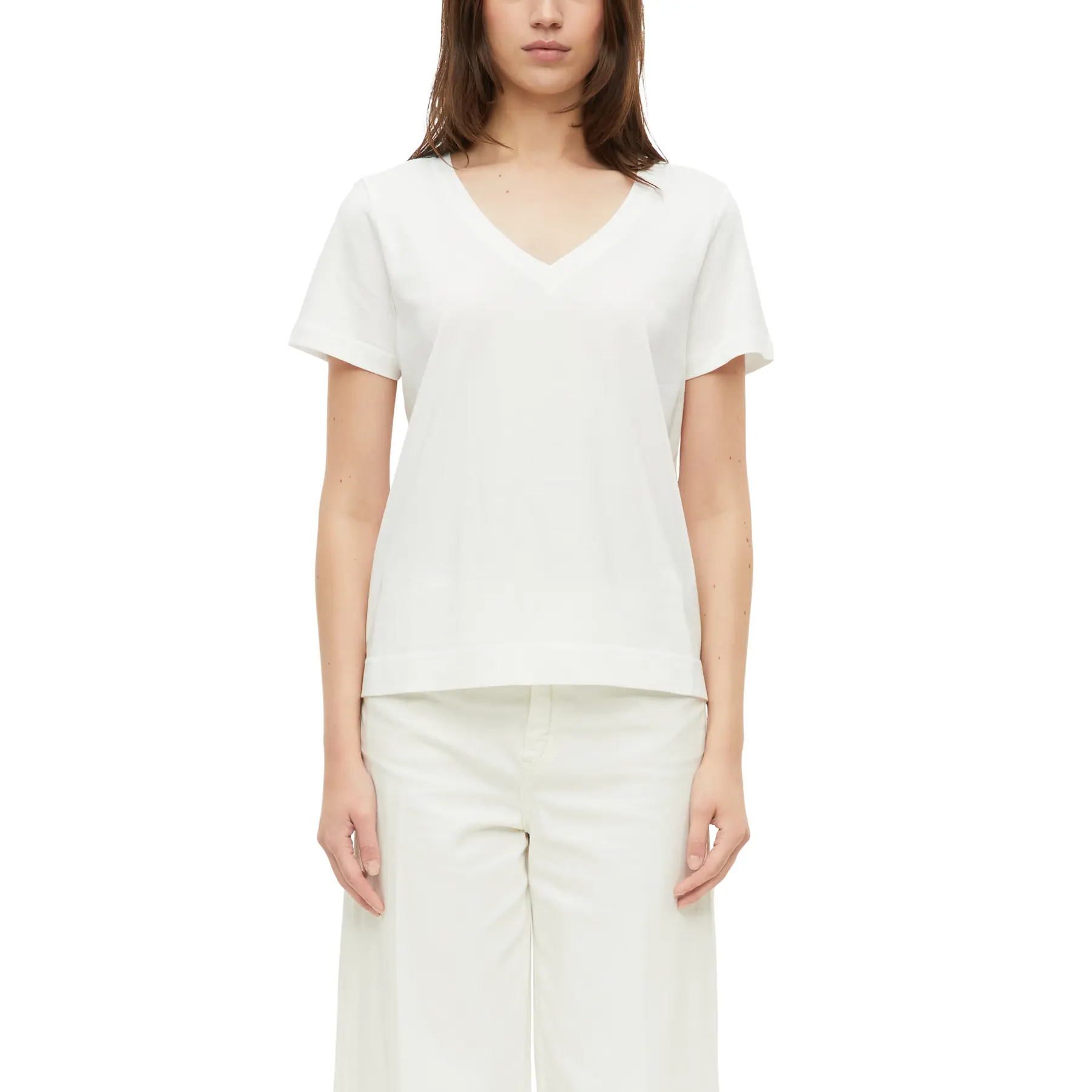 Damen T-Shirt aus weichem Baumwollstoff mit V-Ausschnitt und seitlichem Schlitz s.Oliver