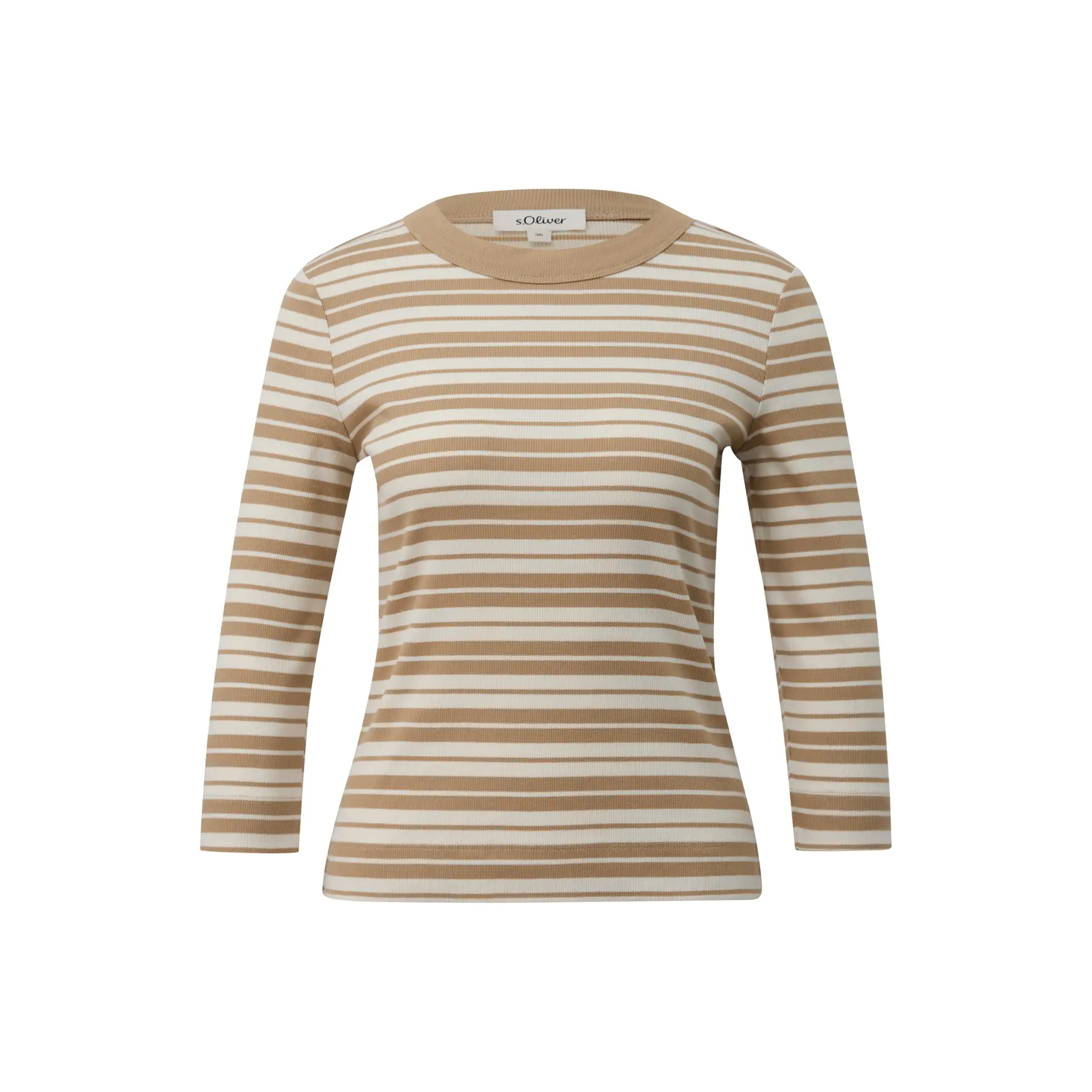 T-shirt aderente a maniche 3/4 e collo tondo a righe beige donna