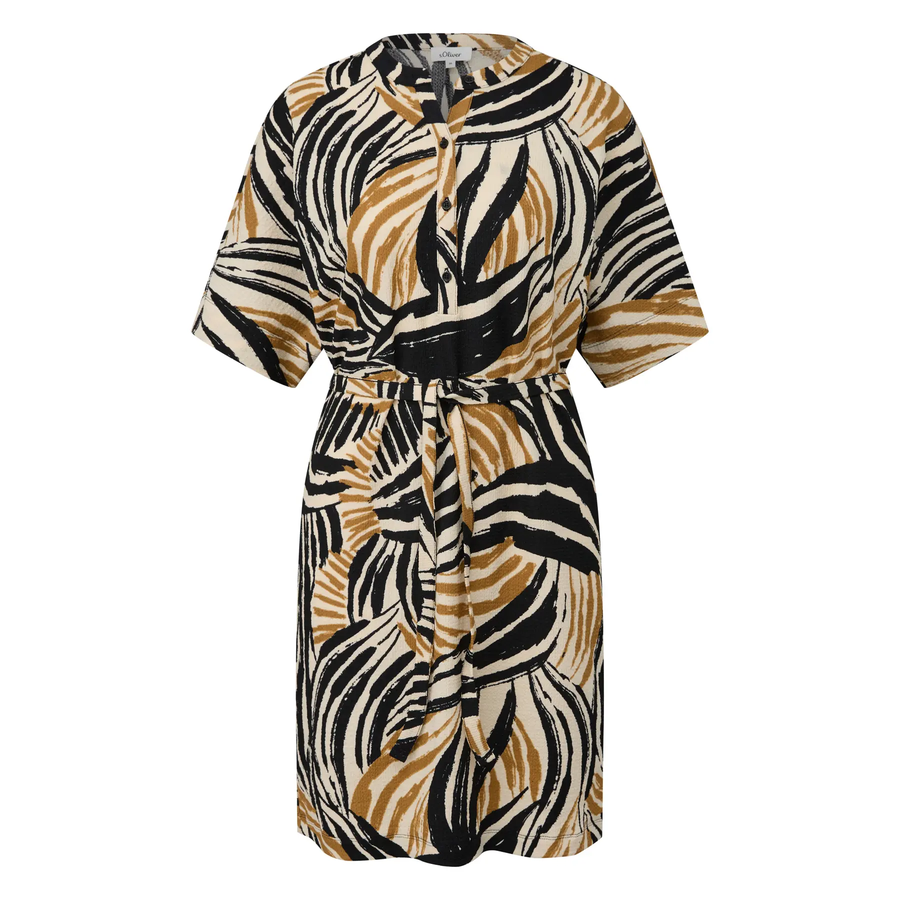 Strukturierte Jersey-Kleid mit Gürtel und Knopfleiste Rundhals weit geschnitten gold-olive Damen s.Oliver