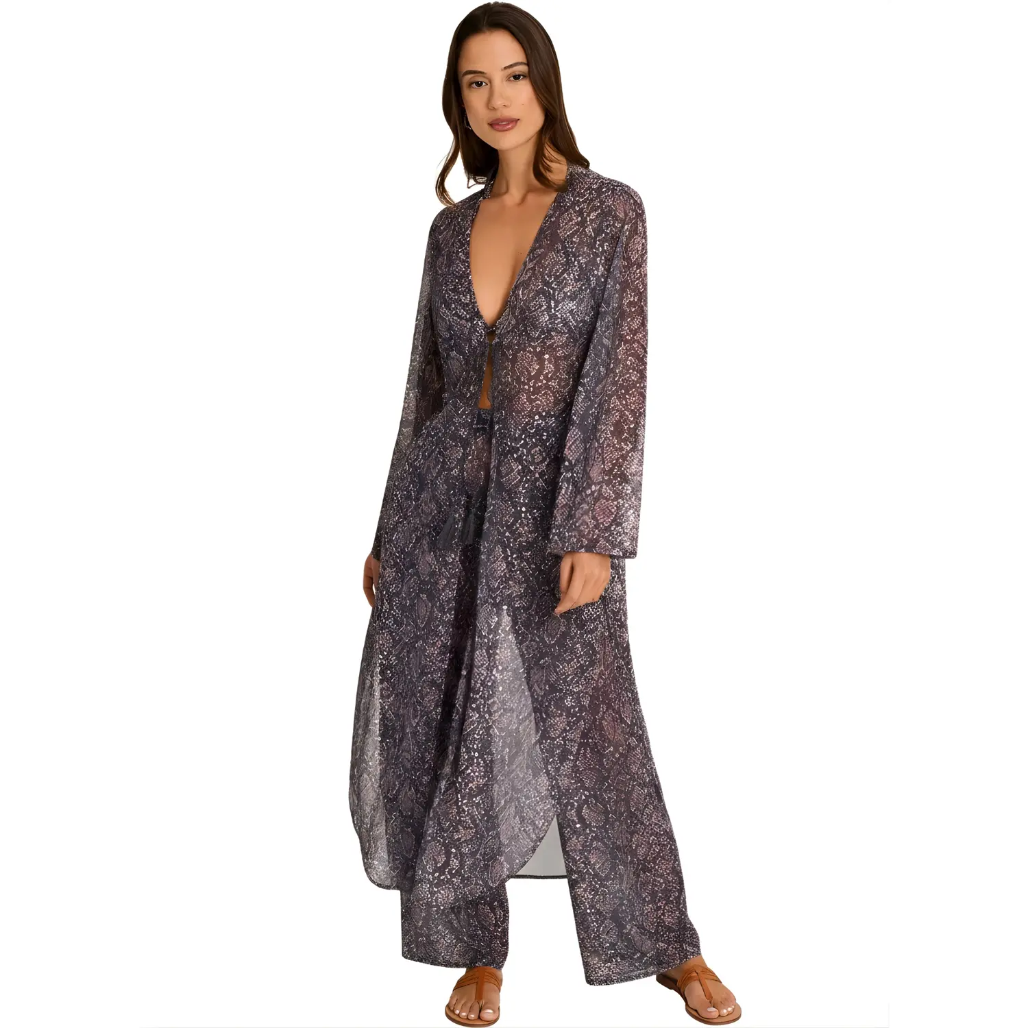 Completo pantalone fluido e kimono lungo a maniche lunghe donna  Indigo