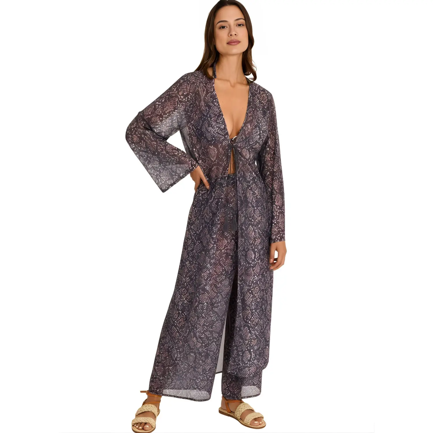 Completo pantalone fluido e kimono lungo a maniche lunghe donna  Indigo