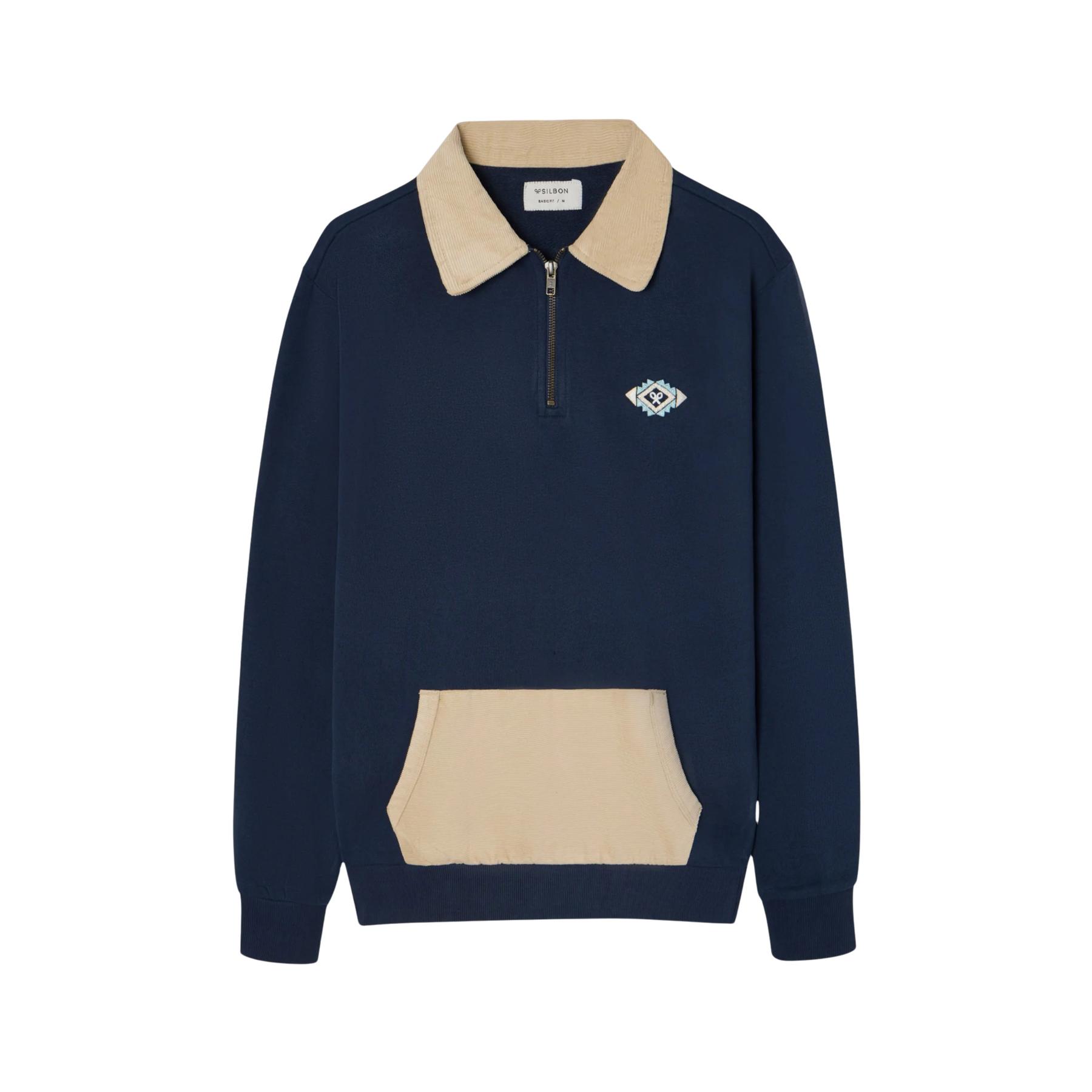 8447340170727 - Sweatshirt mit 1 2 Reißverschluss und Polo-Kragen mit ethnischer Stickerei von einem Schläger Silbon