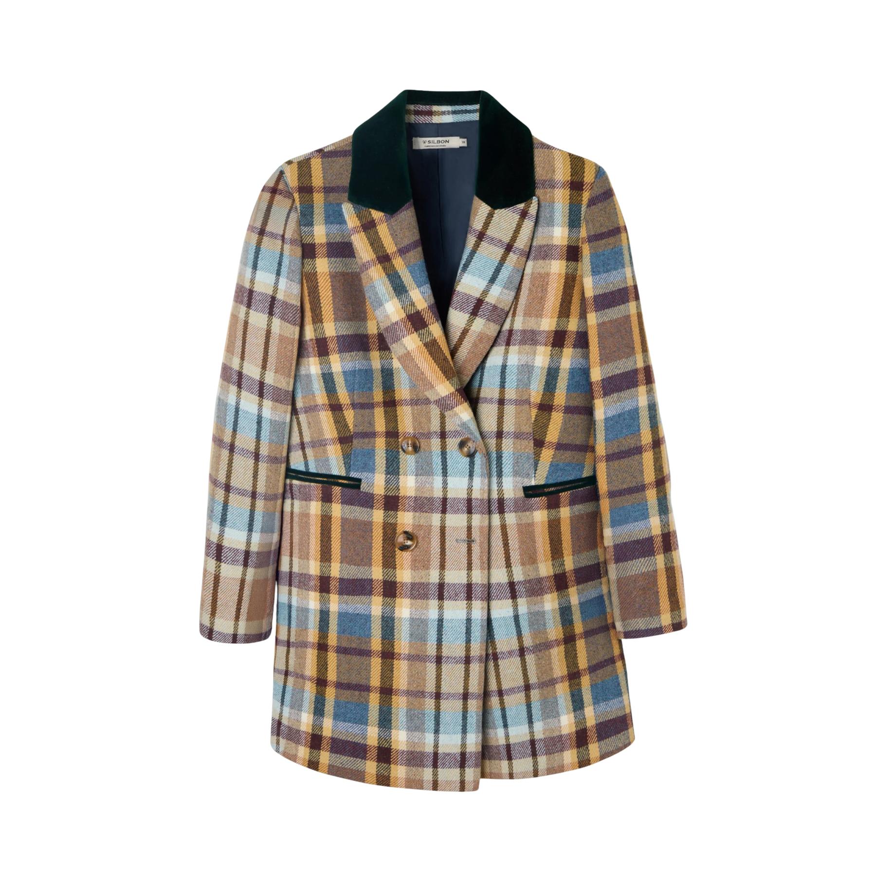 8447340143943 - Karierter Damen-Doppelreiher-Mantel Silbon