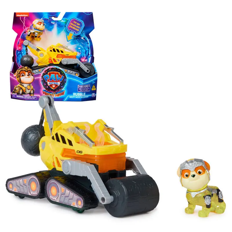 0778988486511 - Paw Patrol Mighty Kinofilm - Basis Fahrzeug von Rubble mit Welpenfigur Spielfahrzeug