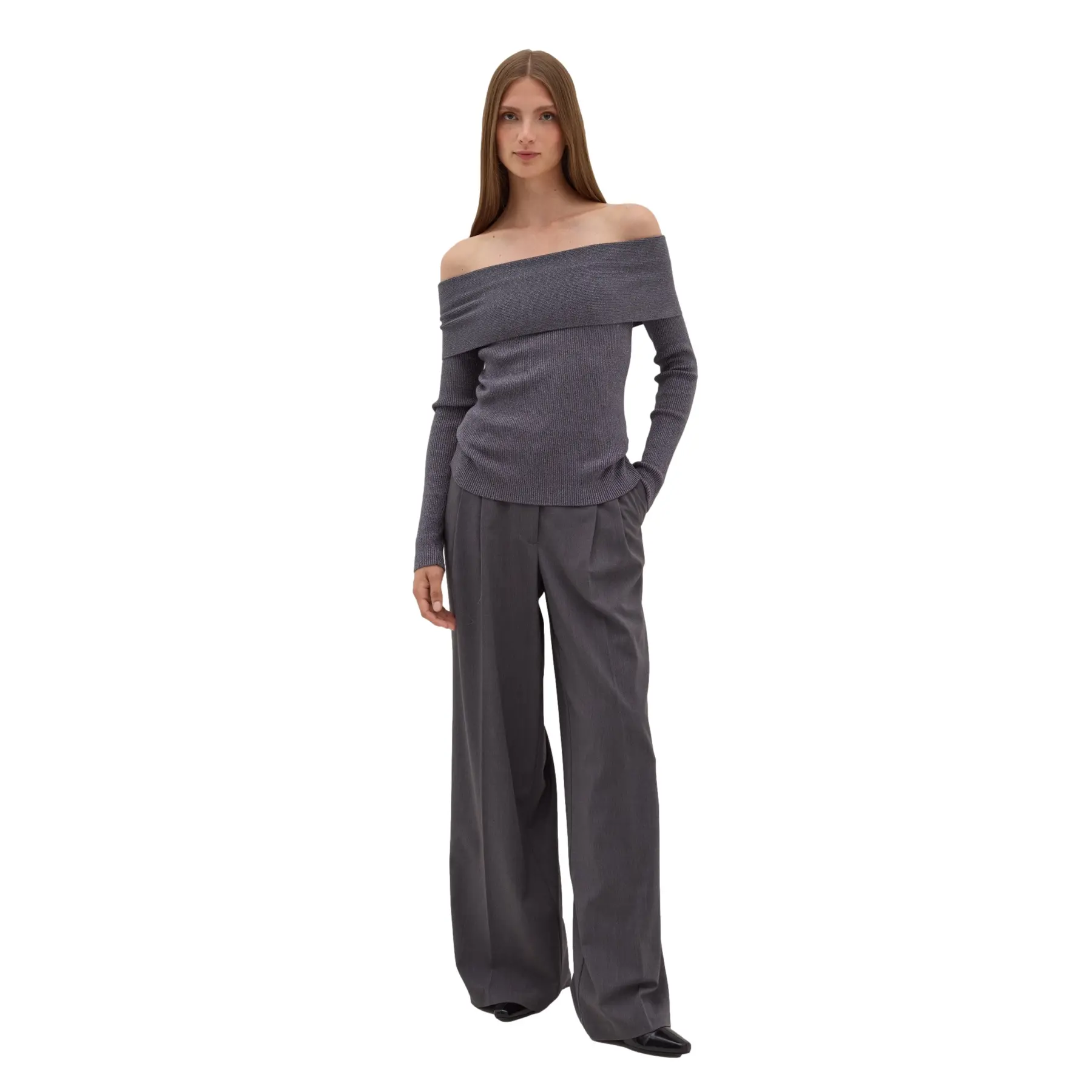 Stefanel Women's Gris Lurex Off-Shoulder Jumper