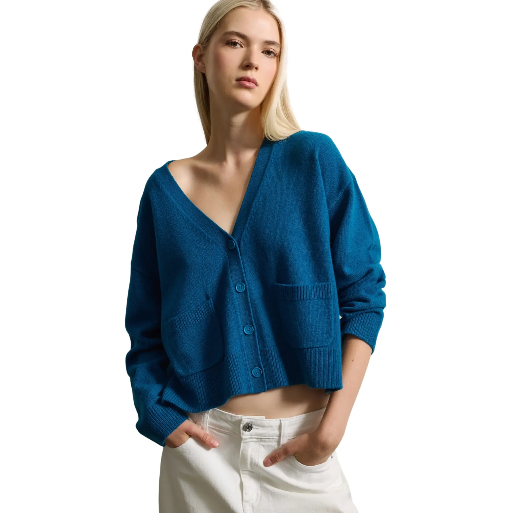 Stefanel Women's Bleu Buttoned Pure Wool Cardigan