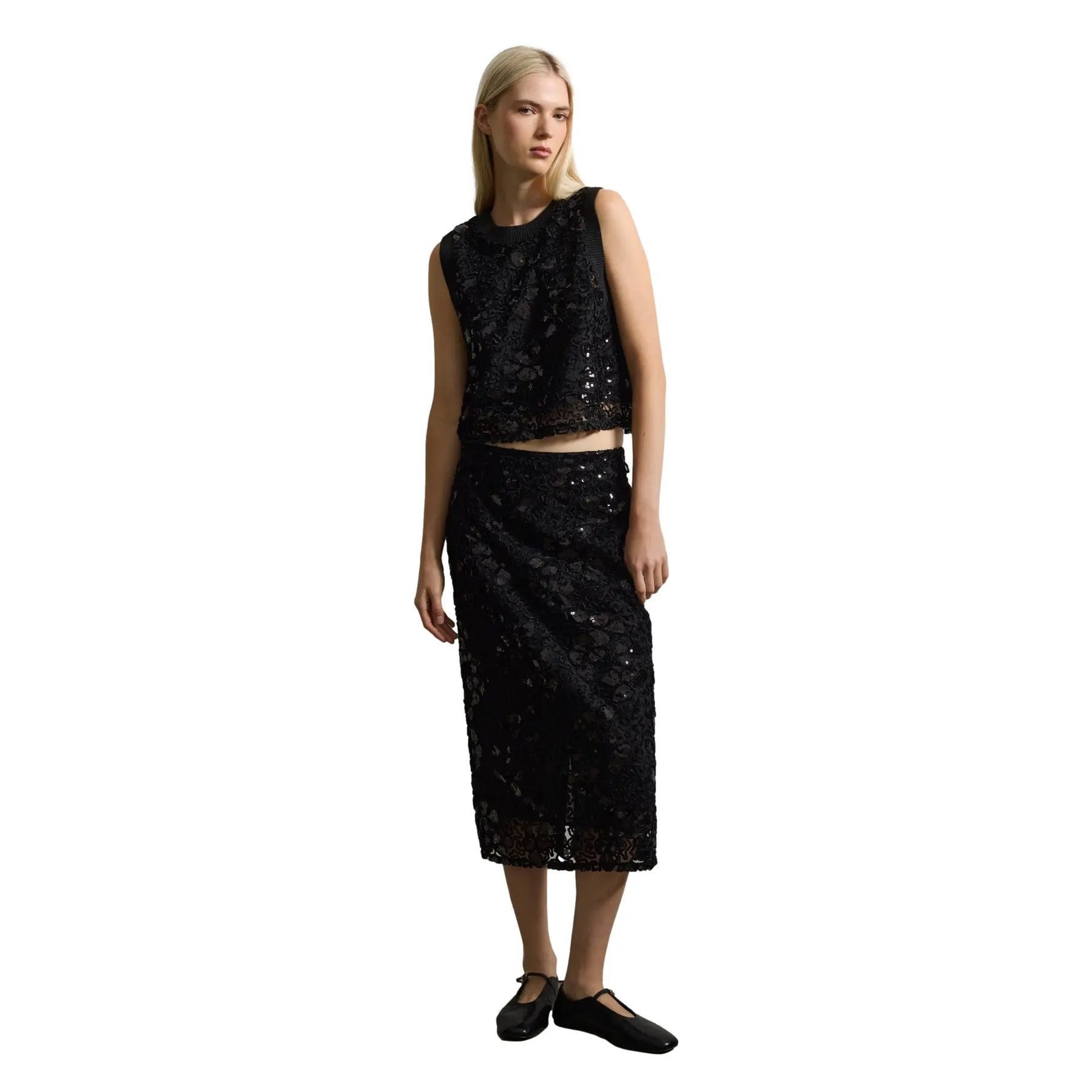 Stefanel Women's Noir Floral Appliqué Skirt