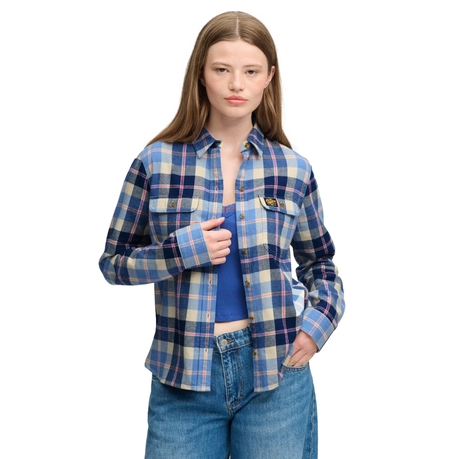 Superdry Women's Bleu Long Sleeve Checked Flannel Shirt