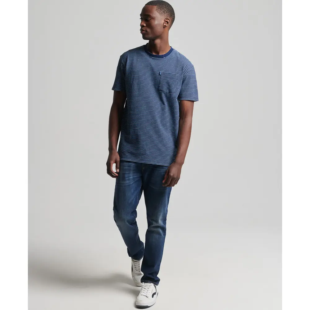 5057847567604 - Mens Vintage T-Shirt mit Streifen in Indigoblau Dunkelblau - Größe XS