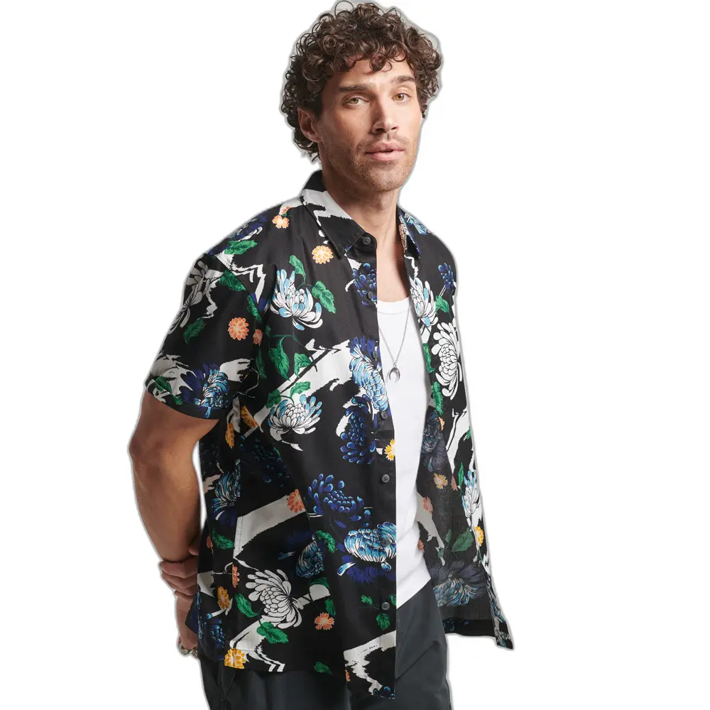 5059726401108 - Mens Herren Schwarz Weiß und Blau Kurzärmeliges Hawaiihemd Bedruckt Größe Xxl - Größe Xxl