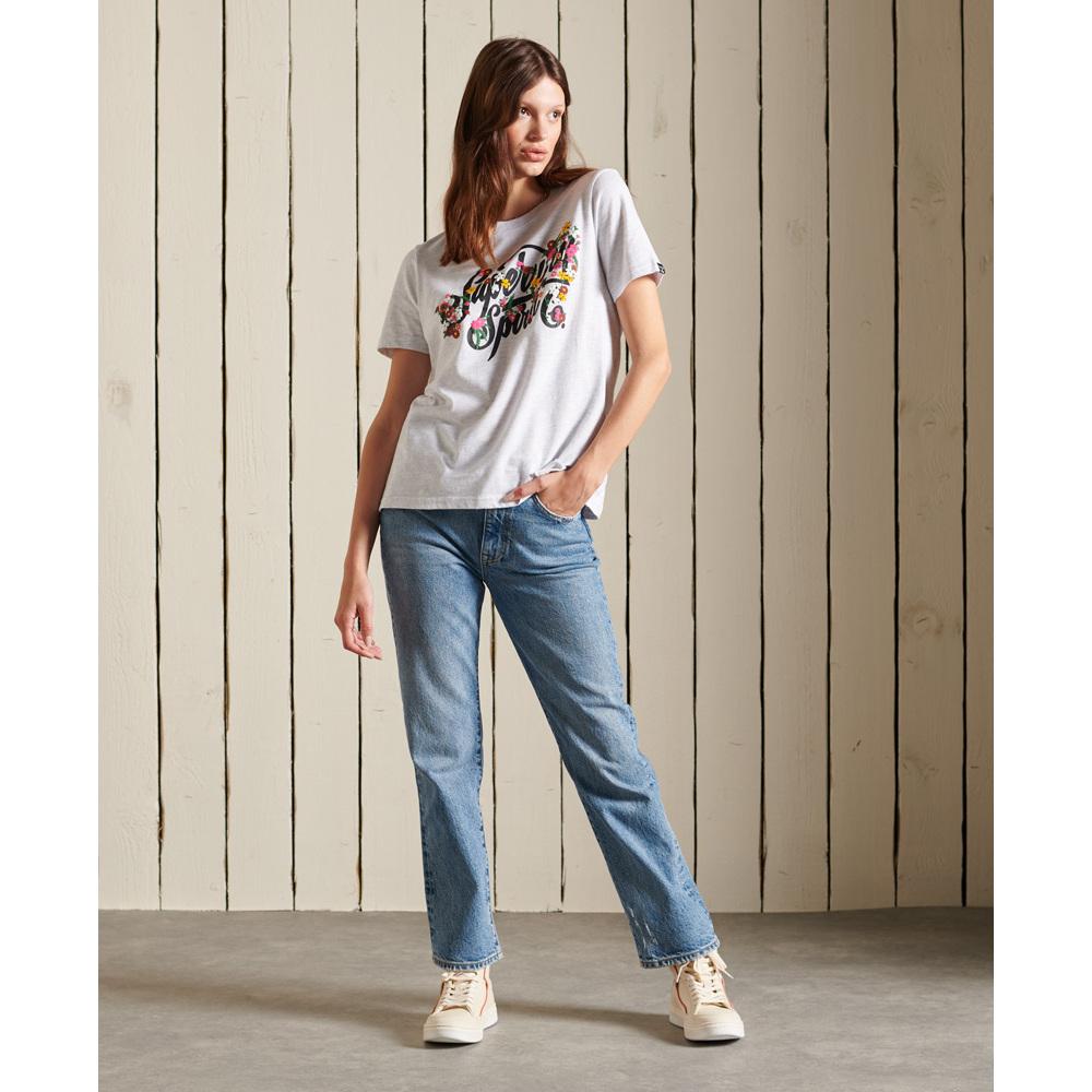 5057847400086 - Womens Geblümtes T-Shirt mit Schriftzug Hellgrau - Größe 38