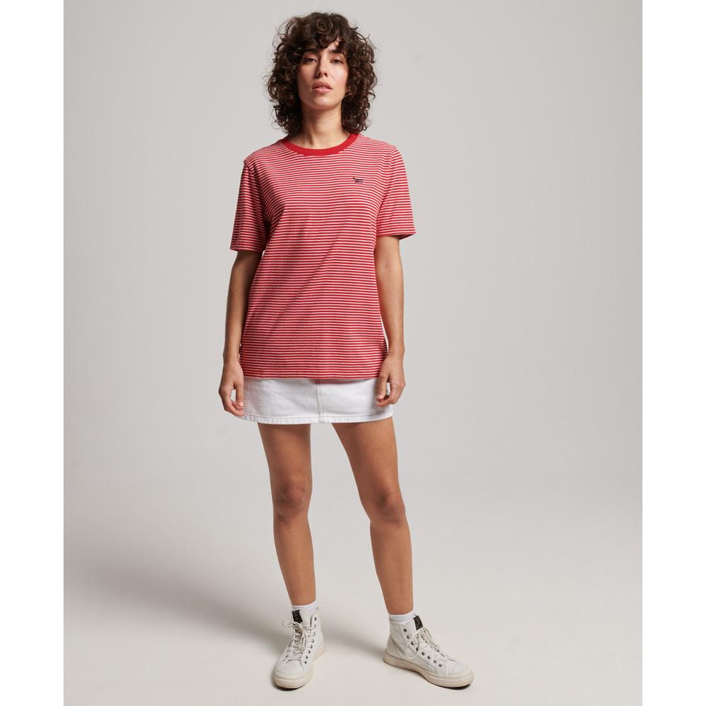 5059726493691 - Damen Vintage T-Shirt mit Aufgesticktem Logo und Streifen Rot - Größe 34