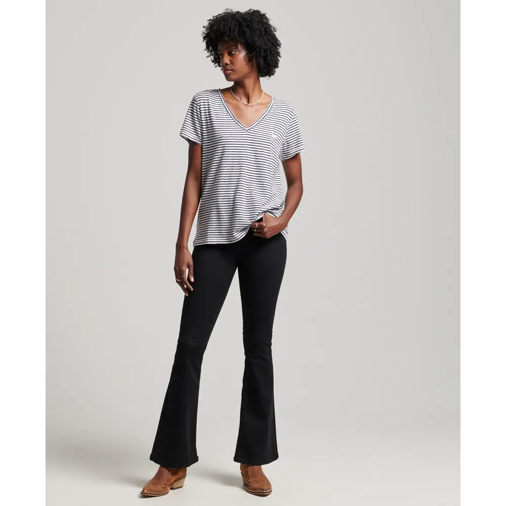 5059726556969 - Womens Damen Marineblau und Weiß Strukturiertes T-Shirt Mit V-Ausschnitt Und Stickerei Größe 36 - Größe 36