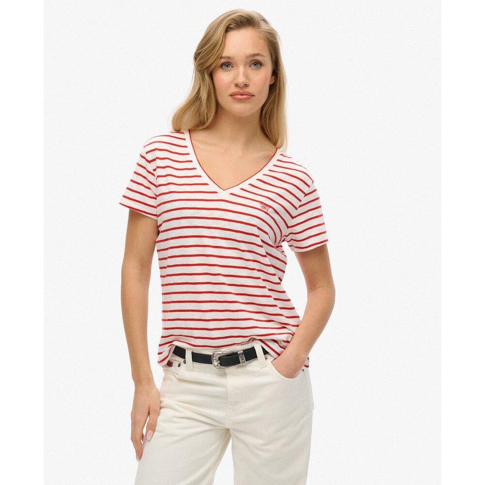 5063068496708 - Flammiges T-Shirt mit gesticktem Logo und V-Ausschnitt für Damen Superdry