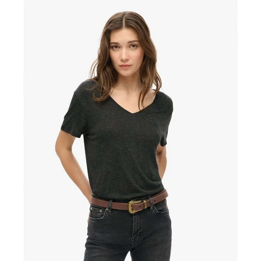 5063068443900 - Gemusterte V-Ausschnitt T-Shirt mit besticktem Text für Damen Studio