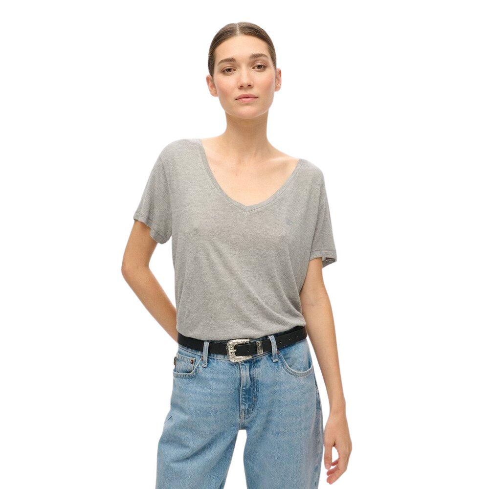 5063068443931 - Gemusterte V-Ausschnitt T-Shirt mit besticktem Text für Damen Studio