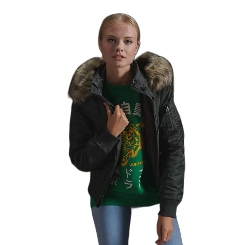 5059046681587 - Damen Flight Bomberjacke mit Kapuze Kaki - Größe 36