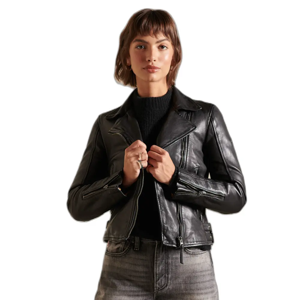 5057847139702 - Womens Klassische Bikerjacke aus Leder Schwarz - Größe 44
