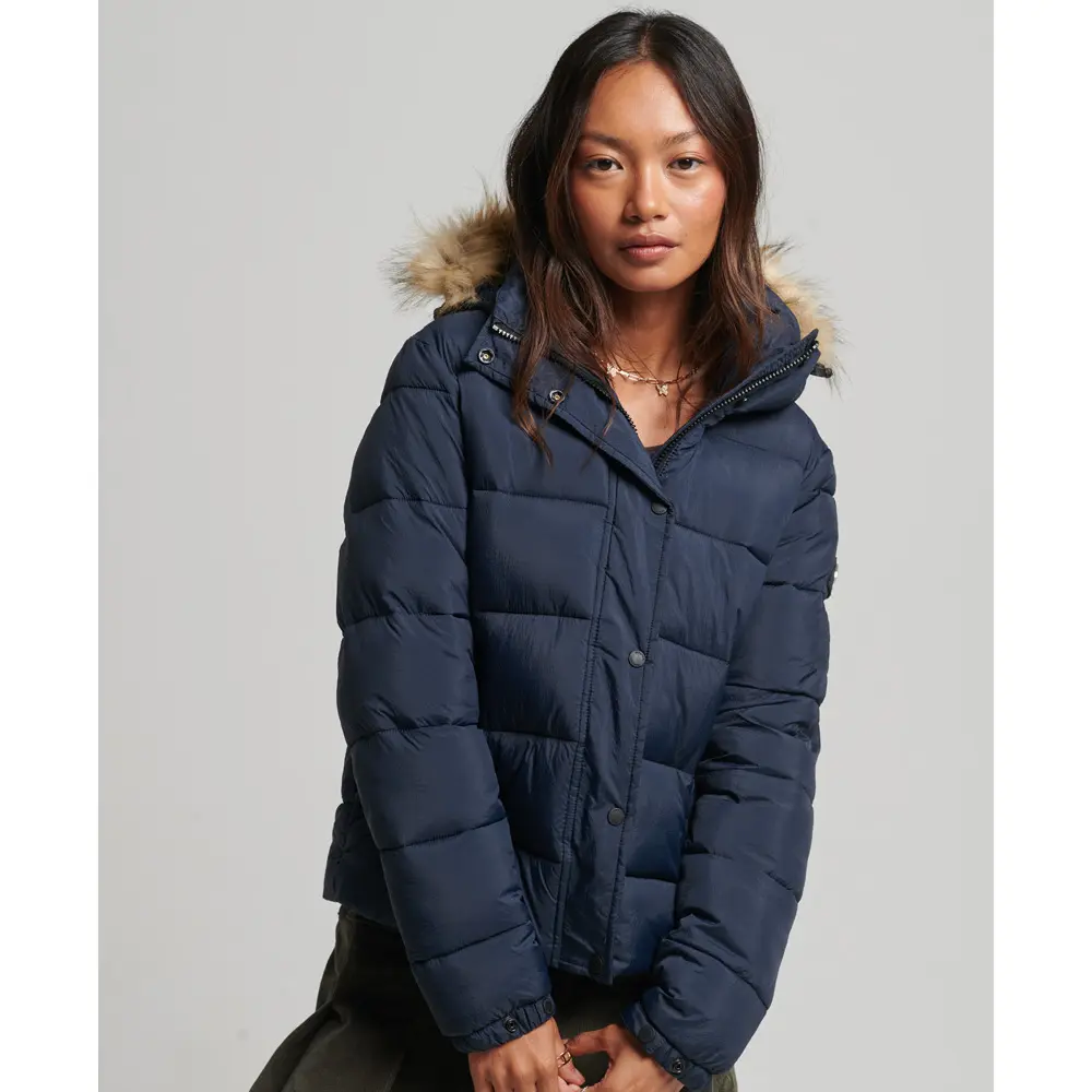 Veste Matelassée Superdry Capuche Fourrure, Femme Taille 10 (petit) Bleu Marine