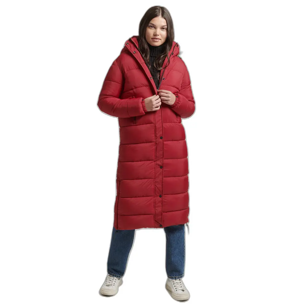 5059726027193 - Womens Lange Steppjacke mit Kapuze mit Kunstfellbesatz Rot - Größe 38