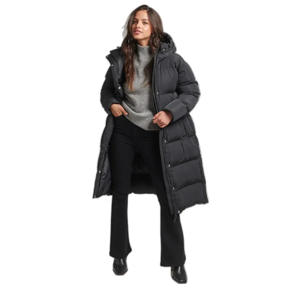 5059726182953 - Womens Lang Geschnittener Steppmantel mit Kapuze Schwarz - Größe 44