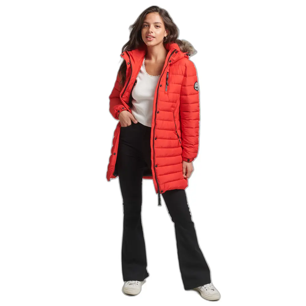 5059726320041 - Womens Mittelgroße Steppjacke mit Kunstfellkapuze Rot - Größe 36