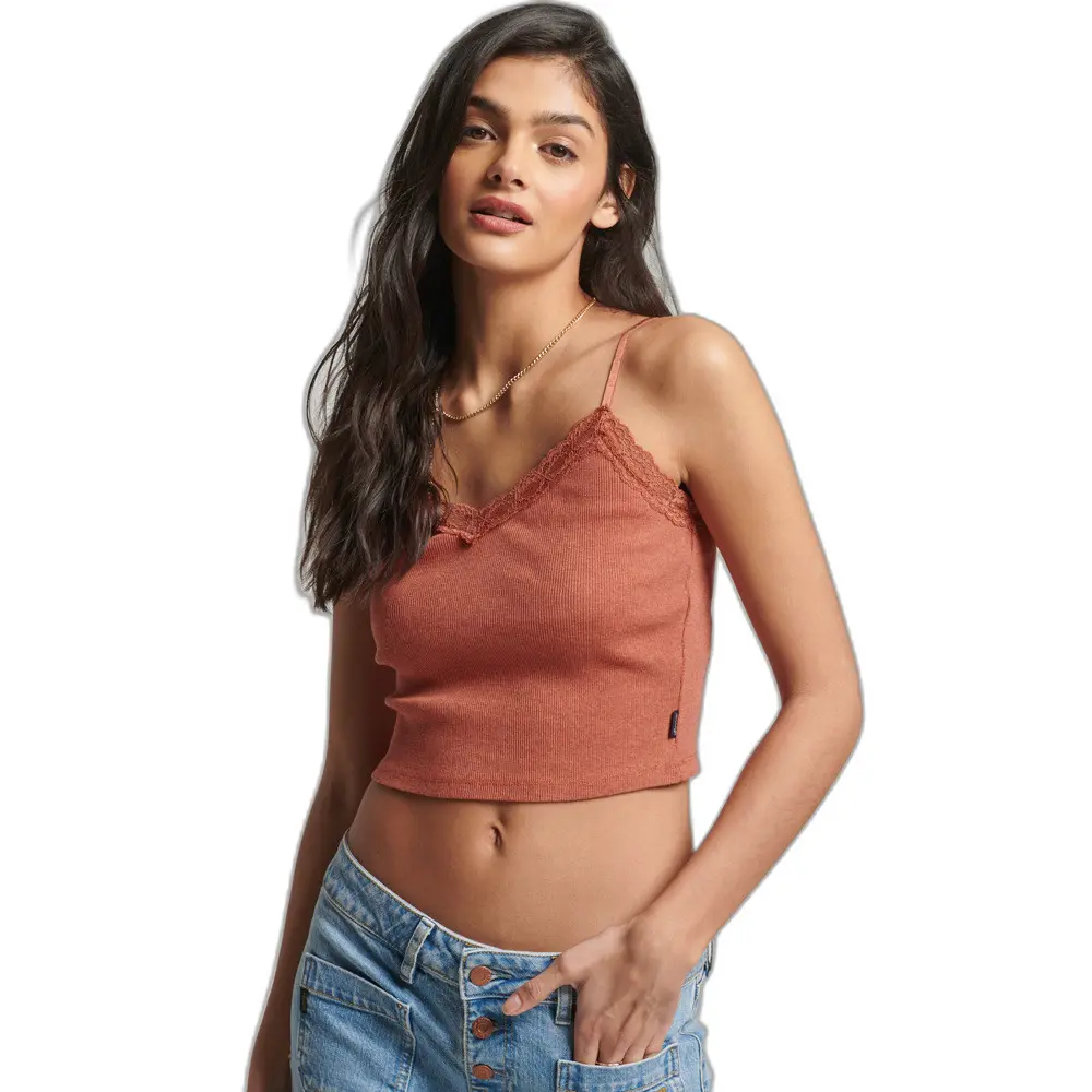 5059726756024 - Damen Geripptes Trägertop mit Spitzenbesatz Orange - Größe M L