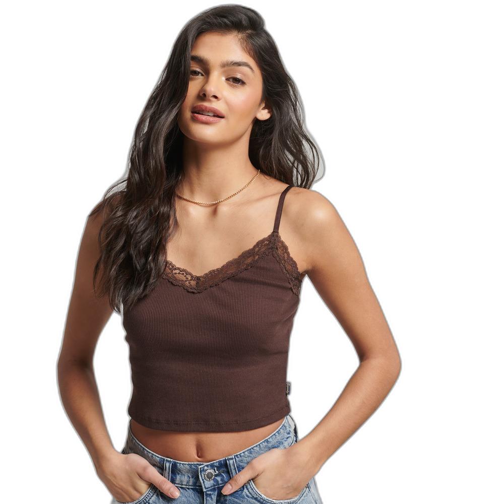 5059726730499 - Damen Braun Geripptes Trägertop mit Spitzenbesatz Größe S M - Größe S M