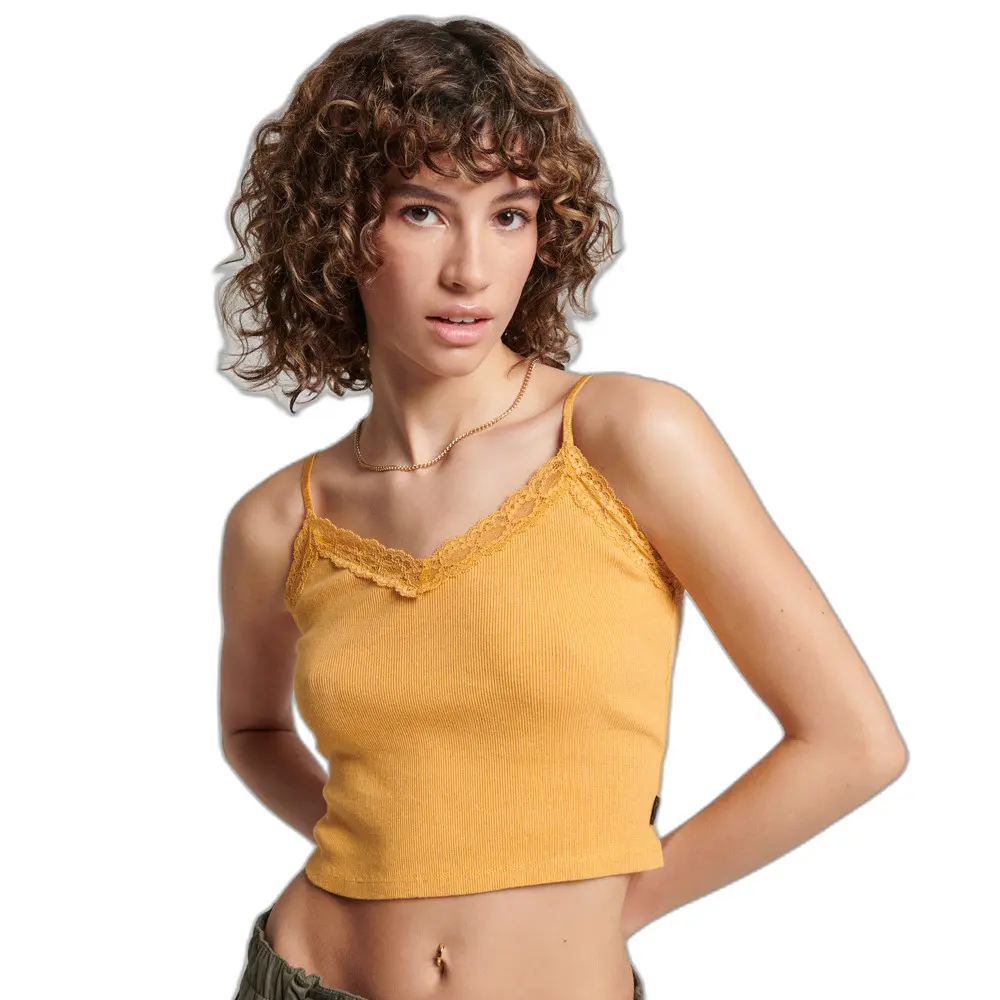 5059726730628 - Damen Geripptes Trägertop mit Spitzenbesatz Gelb - Größe M L