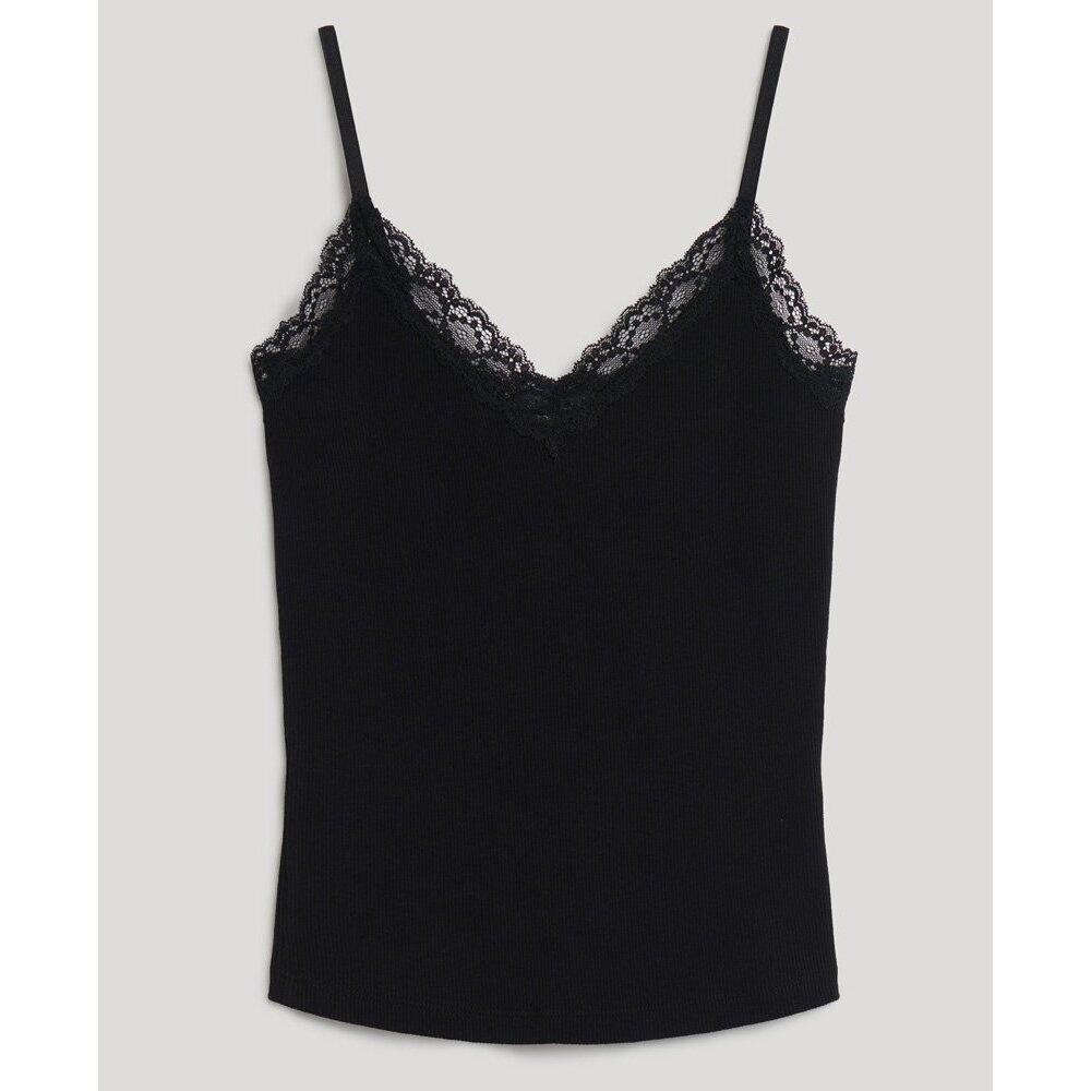 5063068010669 - Damen Geripptes Essential Trägertop mit Spitze aus Bio-Baumwolle Schwarz - Größe XS S