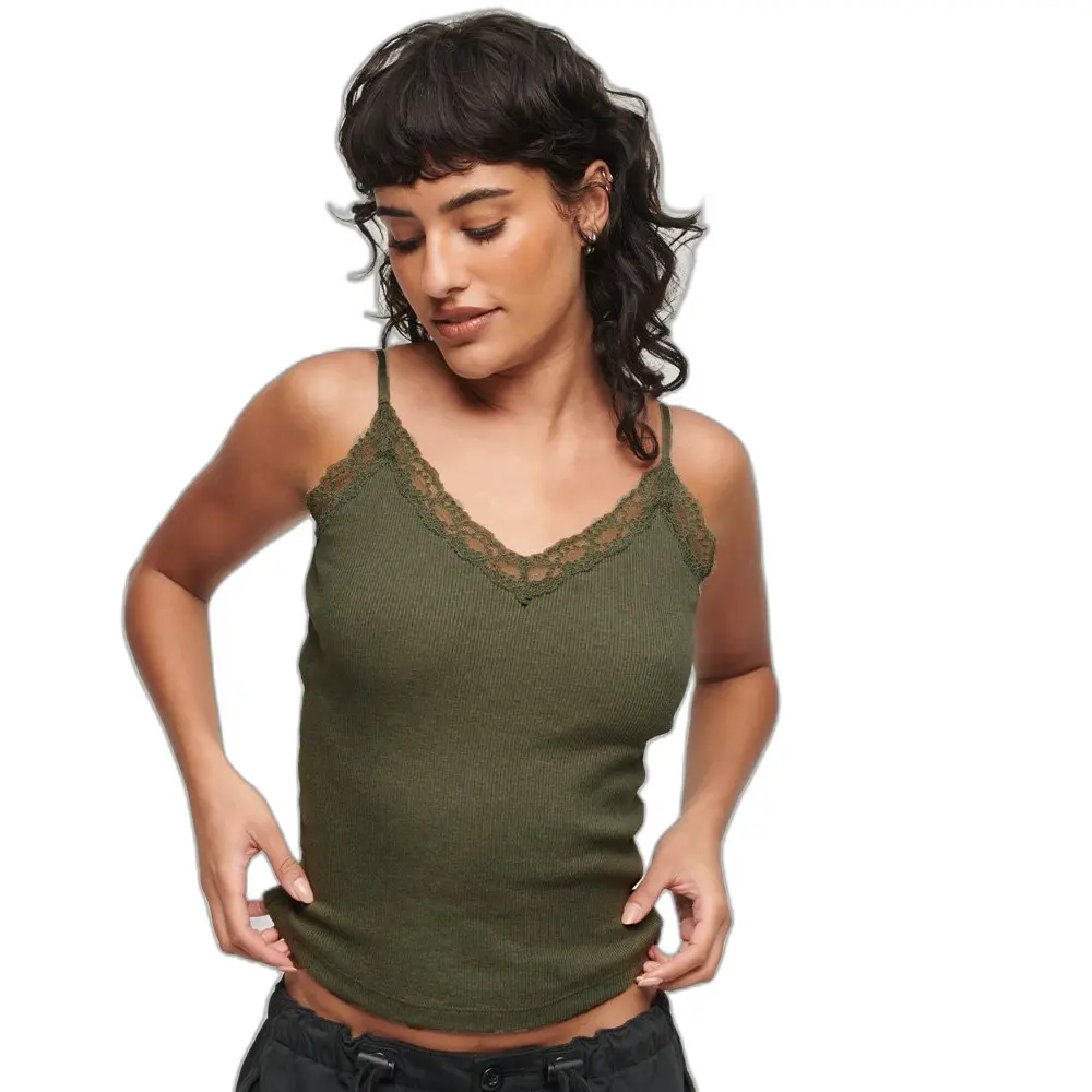 5063068170042 - Damen Geripptes Essential Trägertop mit Spitze aus Bio-Baumwolle Grün - Größe M L