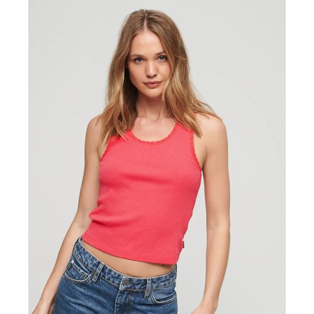 5059726997113 - Damen Vintage Trägertop aus Bio-Baumwolle mit Spitzenbesatz Koralle - Größe XS S