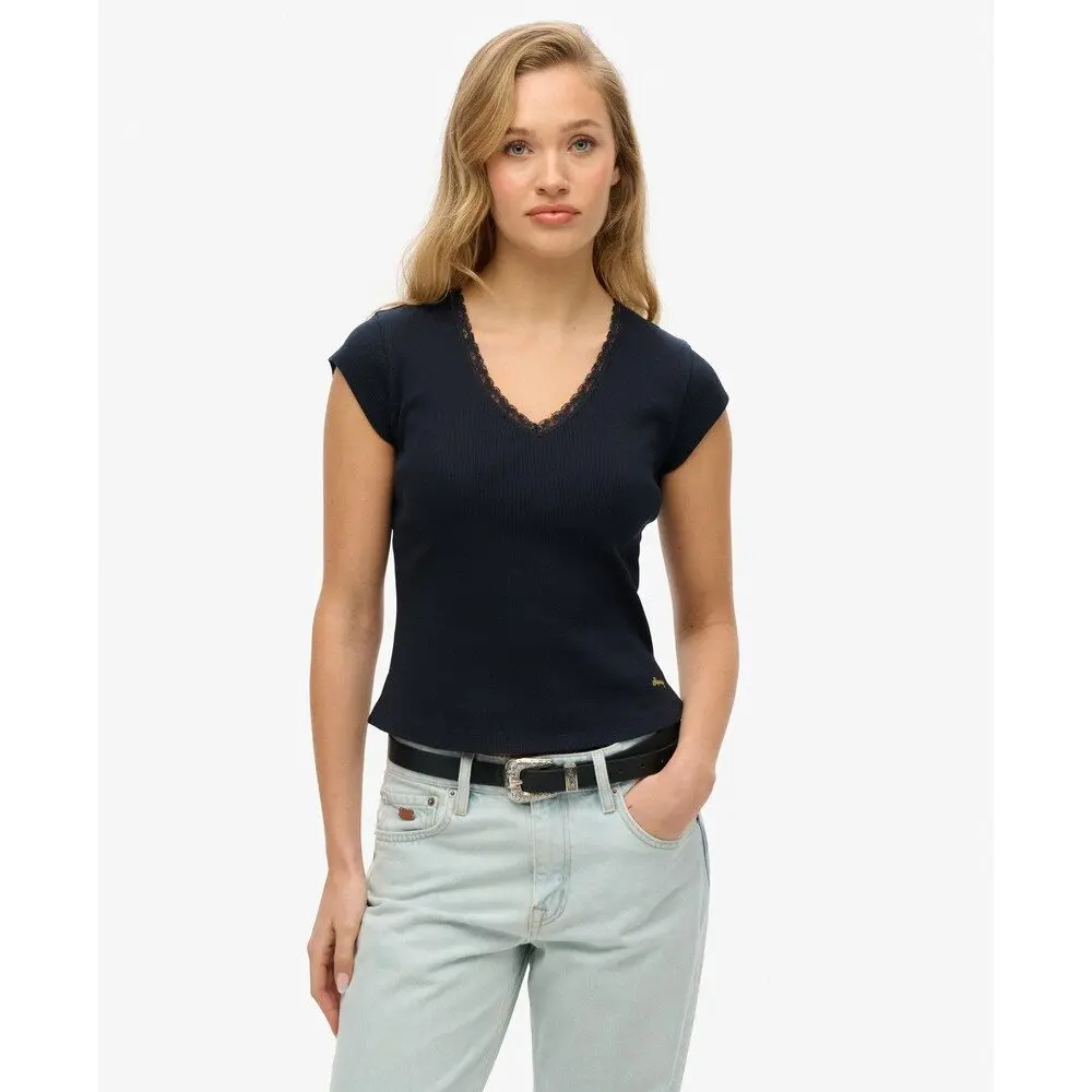 5063068895761 - Damen T-Shirt mit V-Ausschnitt und Spitzenbesatz Athletic Essentials