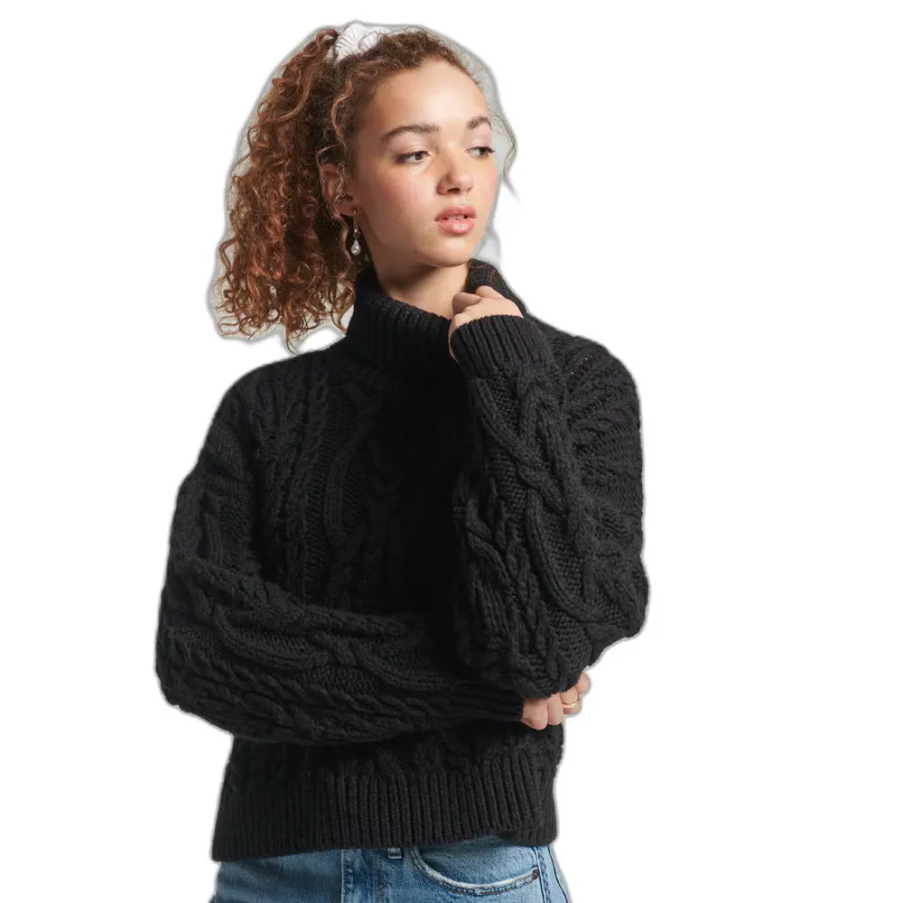 5057847855565 - Womens Strickpullover mit Zopfmuster und Rollkragen Schwarz - Größe 42