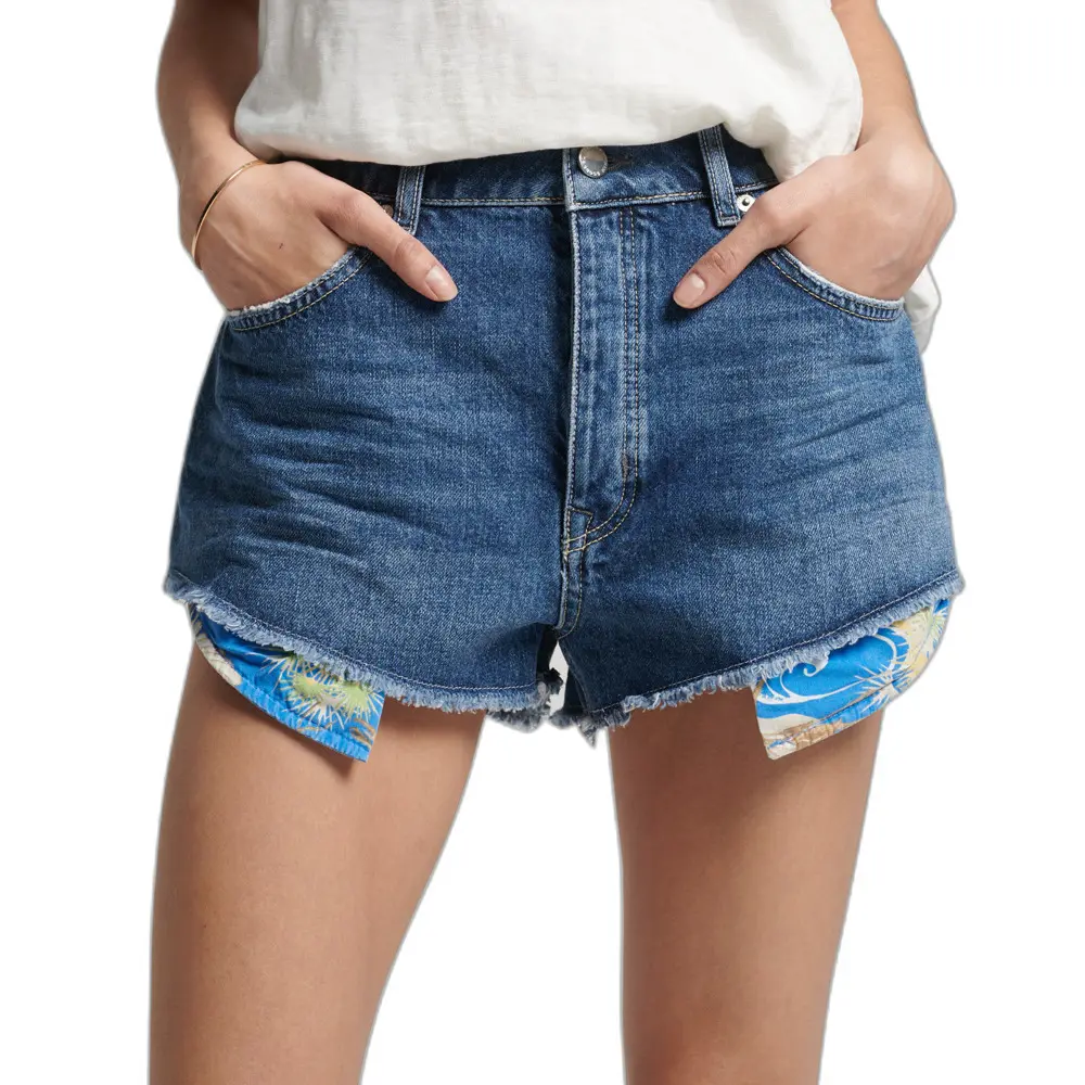 5057847691095 - Womens Abgeschnittene Vintage Shorts mit Hohem Bund Blau - Größe 40
