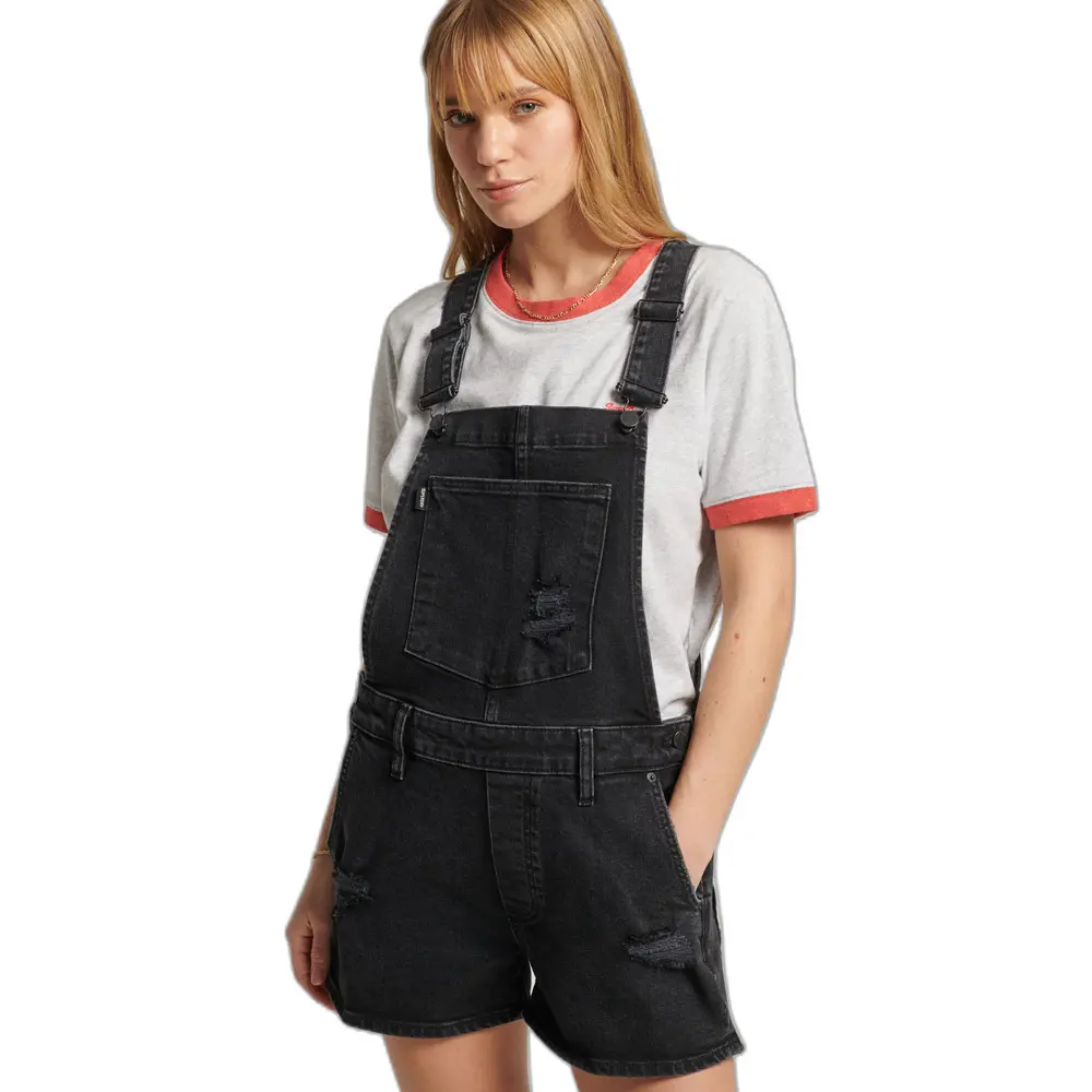 5057847697356 - Damen Kurze Vintage Latzhose Schwarz - Größe 38