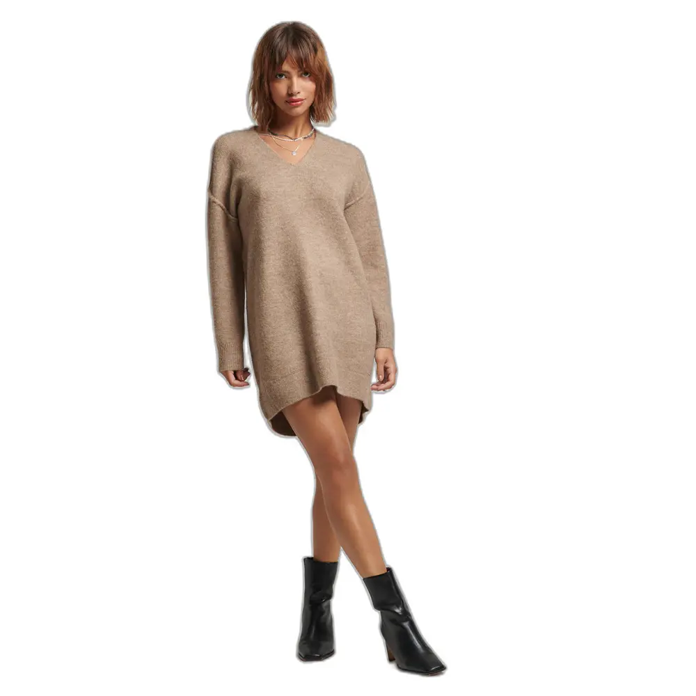 5059726130831 - Womens Strickpulloverkleid mit V-Ausschnitt Beige - Größe 34