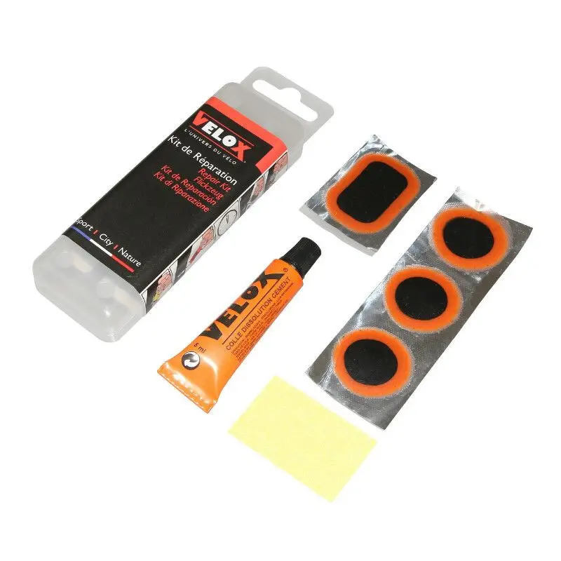 Velo Store - UK MTB inner tube repair kit - box 8 patches 25mm + 2 patches 35x25mm + 1 pacth 50x30mm + glue 5g + steel rape with instructions Velox | Extra 10% off with Subscription, Postage £16.79 to UK Fedex.