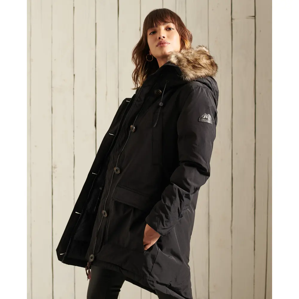 5059046354221 - Womens Daunenparka mit Kapuze und Kunstfellbesatz Schwarz - Größe 36