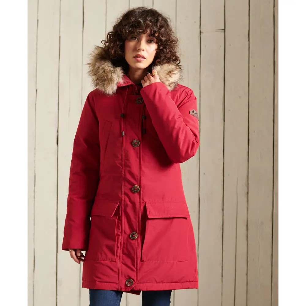 5059046551576 - Womens Daunenparka mit Kapuze und Kunstfellbesatz Rot - Größe 36