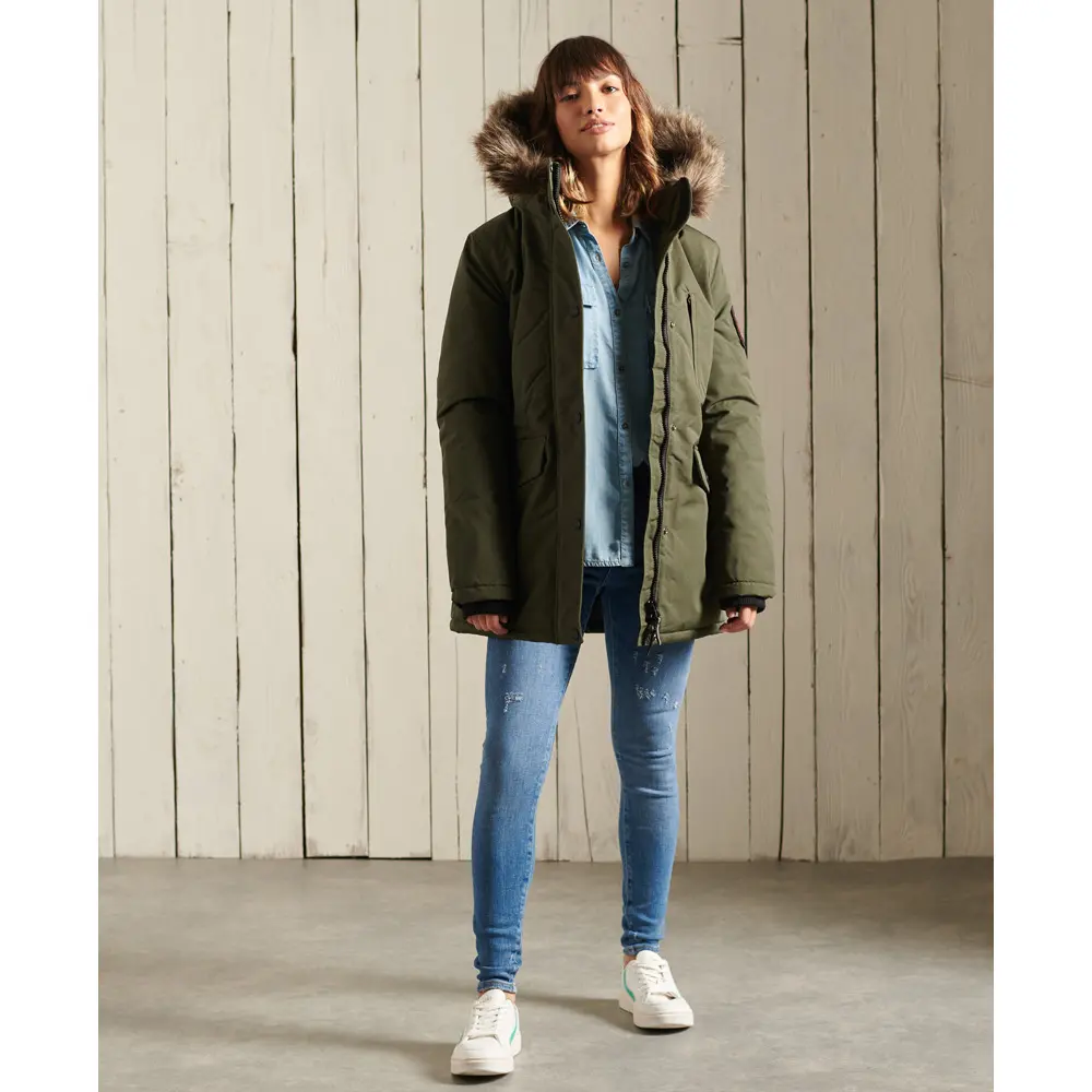 5059046356140 - Womens Everest Parka mit Kapuze und Kunstfellbesatz Kaki - Größe 36