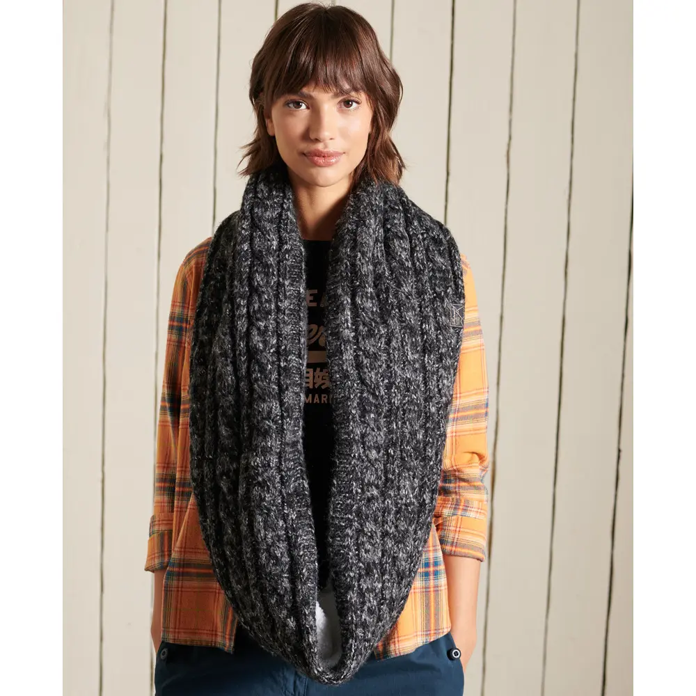 5057847161437 - Womens Tweed-Schlauchschal mit Zopfmuster Schwarz - Größe 1Größe