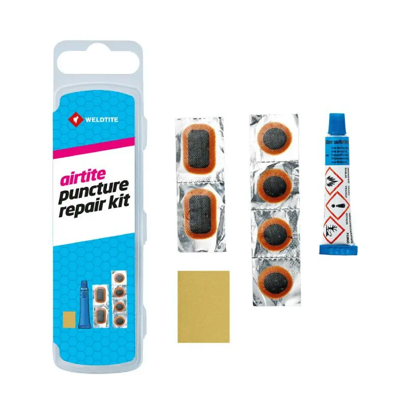 Velo Store - UK Airtite road tube repair kit - box 4 patches 18mm + 2 patches 28x18mm + glue 5g + pumice paper with instructions Weldtite | Extra 10% off with Subscription, Postage £16.79 to UK Fedex.
